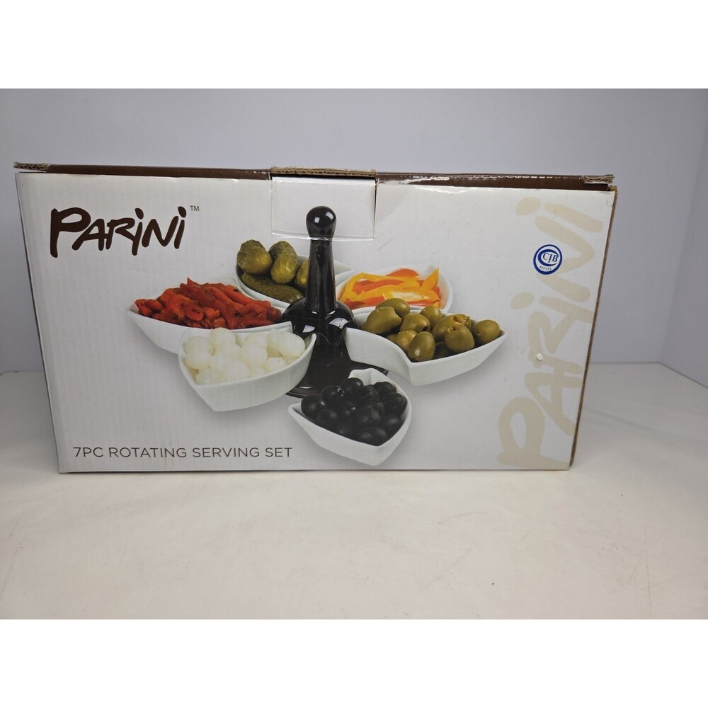 Vintage Parina 7 Pc Rotating Serving Set Black & White Ceramic ~Charcuterie NWB